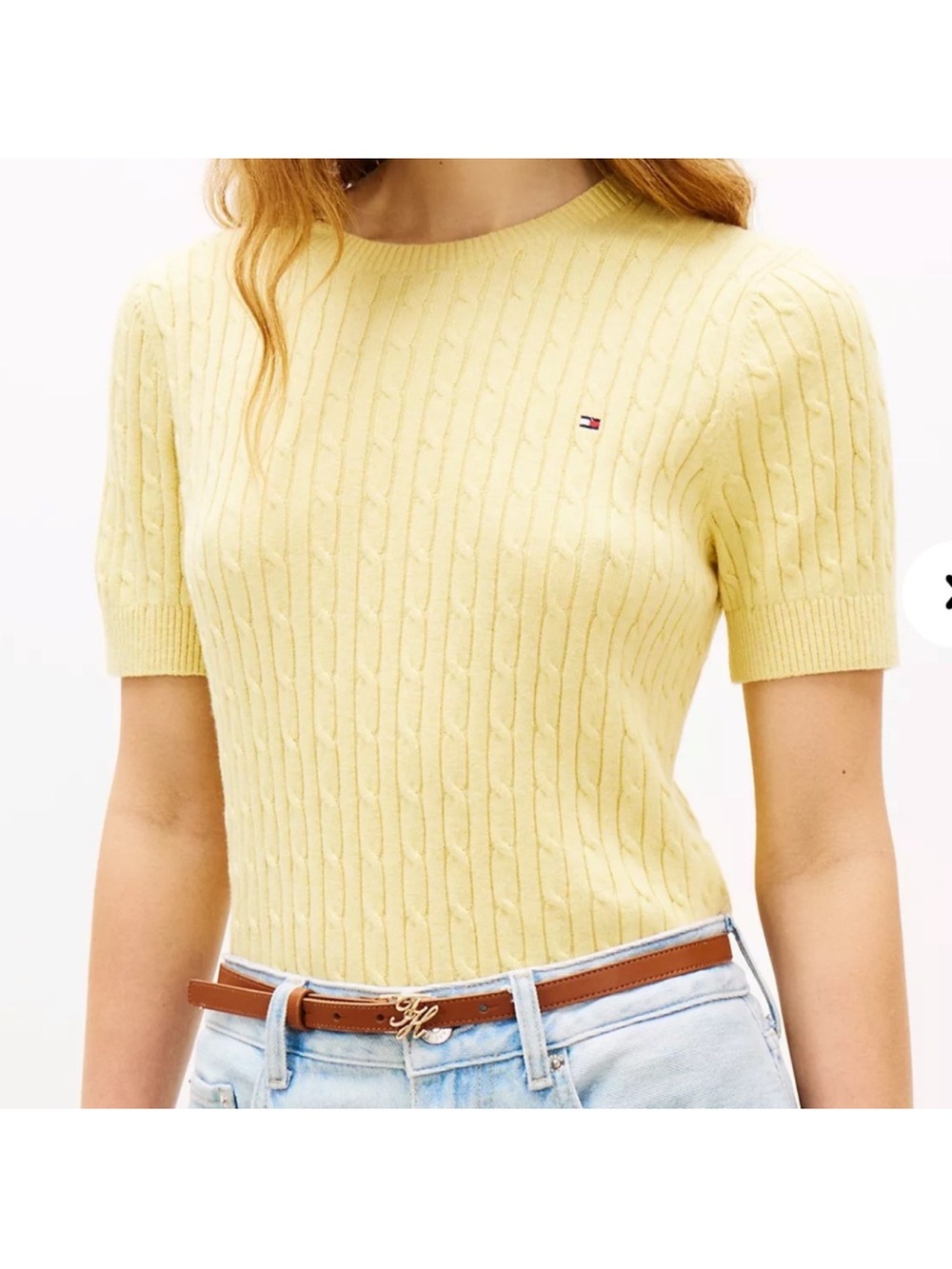 GUC- Tommy Hilfiger Size XL Pale Yellow Cable Knit Short Sleeve Top